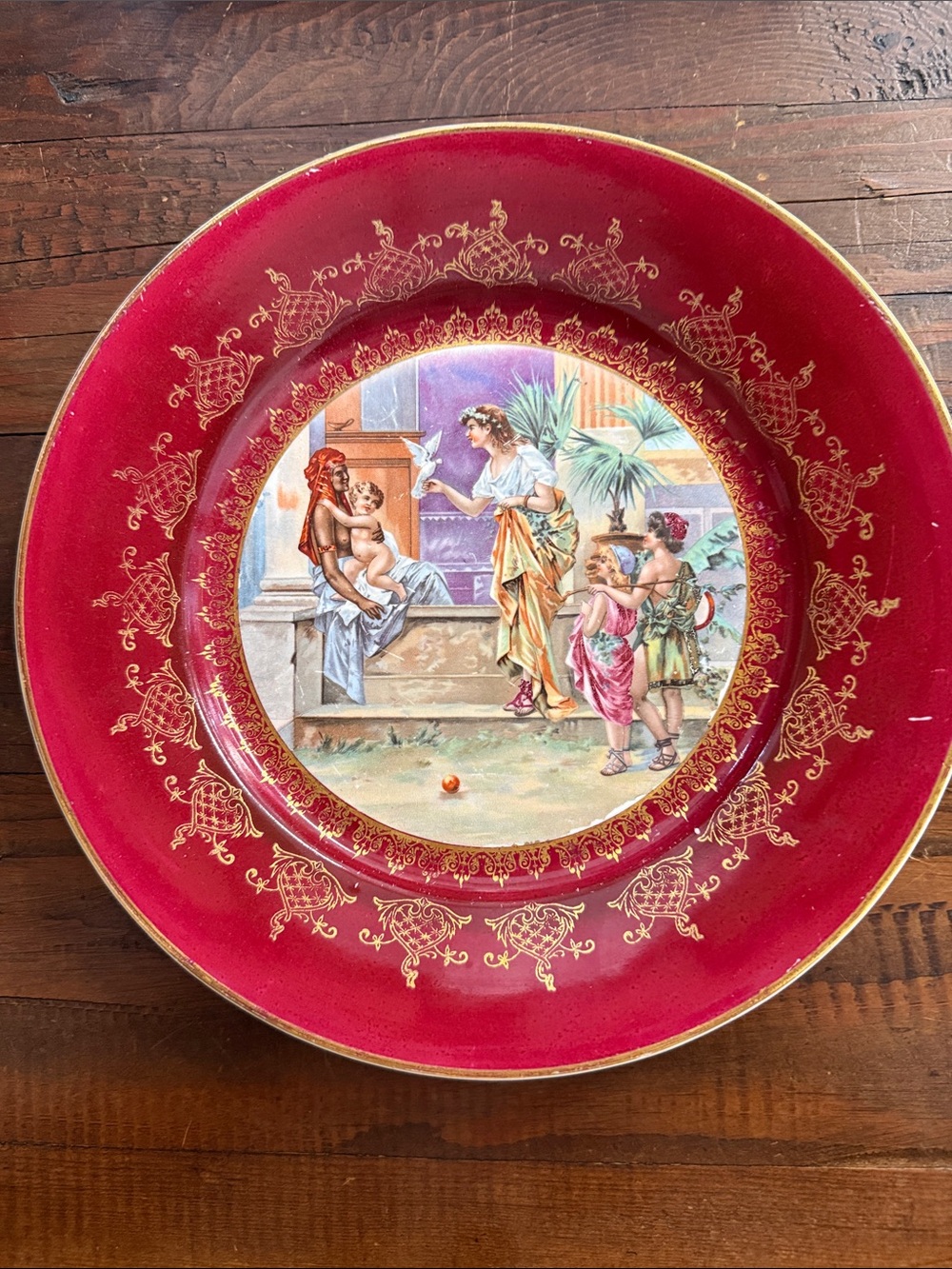 Vintage Empire China Ruby Red Gold Gilt Romantic Scene Cabinet Plate Victorian
